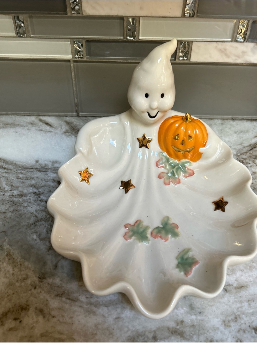 Lenox- Halloween Ghost Candy Dish 8.5" Orange Pumpkin Fall Holiday Leaves